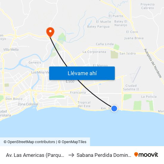Av. Las Americas (Parque Los Molinos) to Sabana Perdida Dominican Republic map