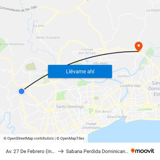 Av. 27 De Febrero (Induveca) to Sabana Perdida Dominican Republic map