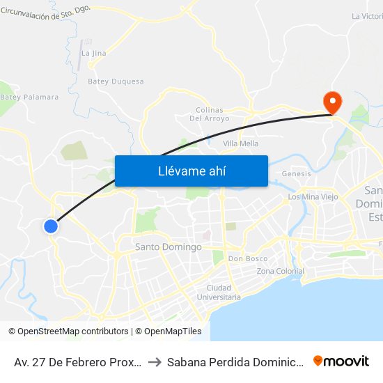 Av. 27 De Febrero Prox. C/Cereza to Sabana Perdida Dominican Republic map
