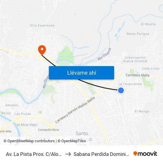 Av. La Pista Prox. C/Alonzo Sanchez to Sabana Perdida Dominican Republic map