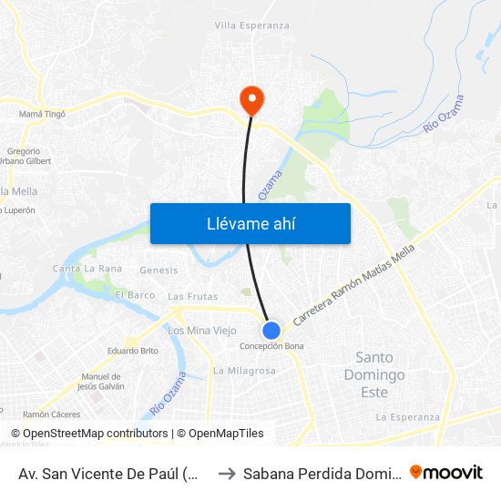Av. San Vicente De Paúl (Megacentro Plaza) to Sabana Perdida Dominican Republic map