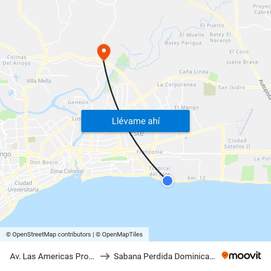 Av. Las Americas Prox. C/Este to Sabana Perdida Dominican Republic map