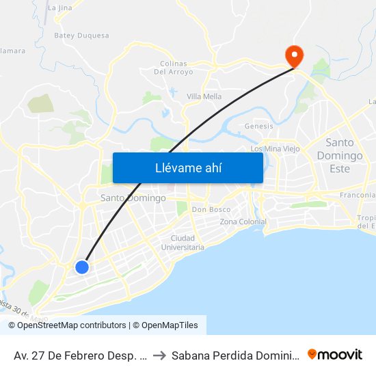 Av. 27 De Febrero Desp. Av. Caonabo to Sabana Perdida Dominican Republic map