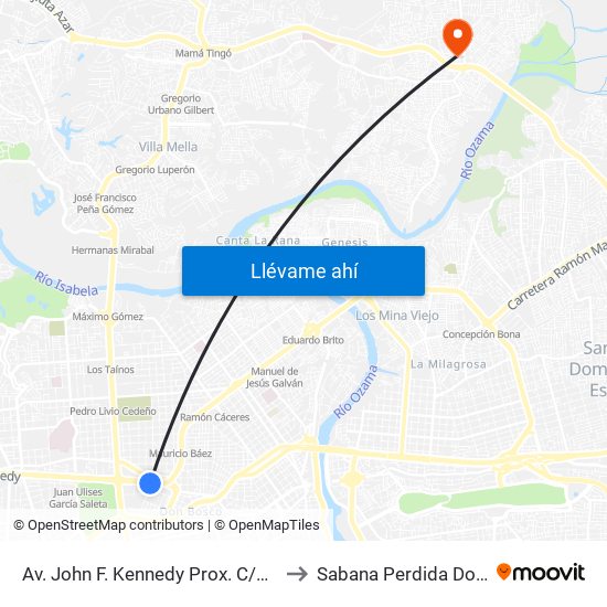 Av. John F. Kennedy Prox. C/Paseo De Los Periodistas to Sabana Perdida Dominican Republic map