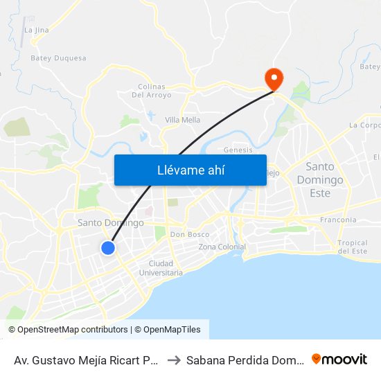 Av. Gustavo Mejía Ricart Prox. C/Virgilio Diaz to Sabana Perdida Dominican Republic map