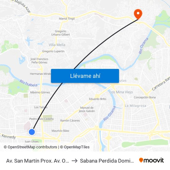 Av. San Martín Prox. Av. Ortega Y Gasset to Sabana Perdida Dominican Republic map