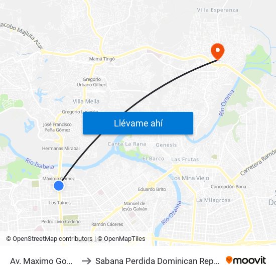 Av. Maximo Gomez to Sabana Perdida Dominican Republic map