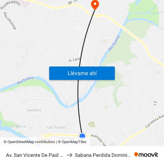 Av. San Vicente De Paúl (Maternidad) to Sabana Perdida Dominican Republic map
