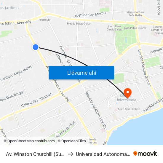 Av. Winston Churchill (Supermercados Bravo) to Universidad Autonoma De Santo Domingo map