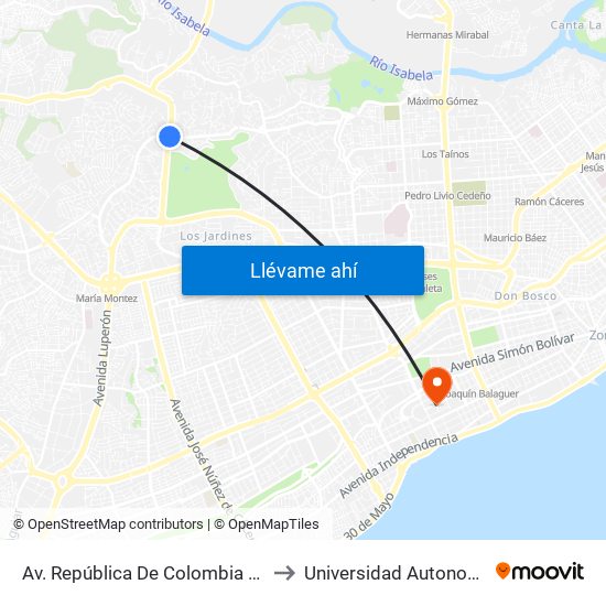 Av. República De Colombia Desp. Av. Carlos Perez Ricart to Universidad Autonoma De Santo Domingo map