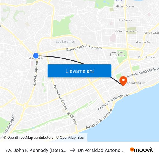 Av. John F. Kennedy (Detrás Estación María Montez) to Universidad Autonoma De Santo Domingo map