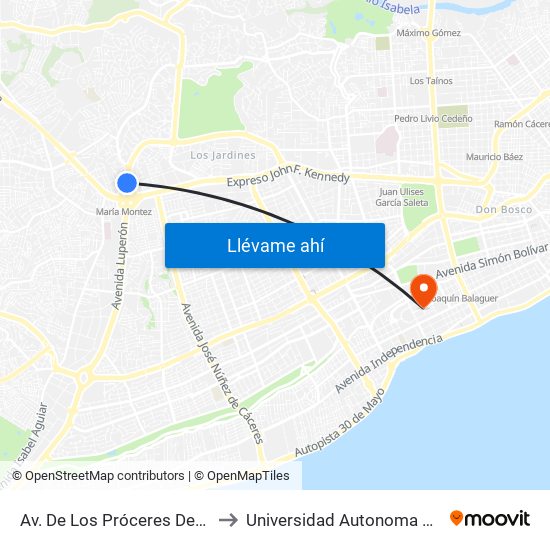 Av. De Los Próceres Desp. Resp. Luperon to Universidad Autonoma De Santo Domingo map