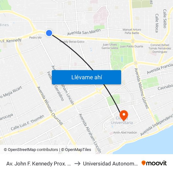 Av. John F. Kennedy Prox. C/Bienvenido G. Gautier to Universidad Autonoma De Santo Domingo map