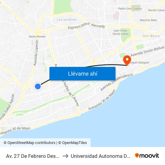 Av. 27 De Febrero Desp. Av. Caonabo to Universidad Autonoma De Santo Domingo map