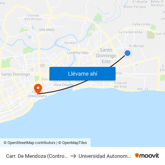 Carr. De Mendoza (Control Caribe Tours Urbano) to Universidad Autonoma De Santo Domingo map