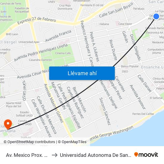 Av. Mexico Prox. C/Abreu to Universidad Autonoma De Santo Domingo map
