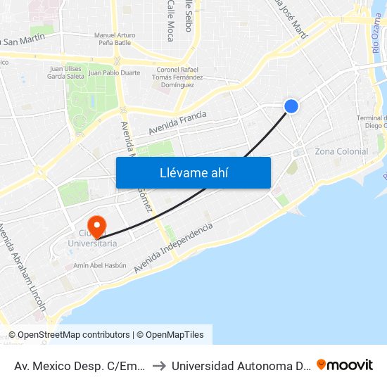 Av. Mexico Desp. C/Emilio Prud Homme to Universidad Autonoma De Santo Domingo map