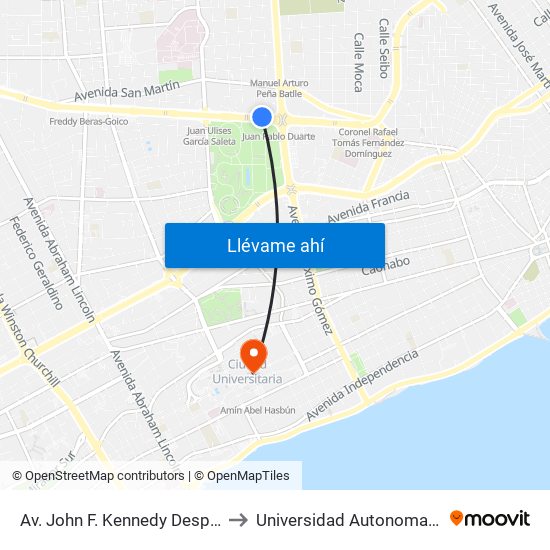 Av. John F. Kennedy Desp. Av. Máximo Gómez to Universidad Autonoma De Santo Domingo map