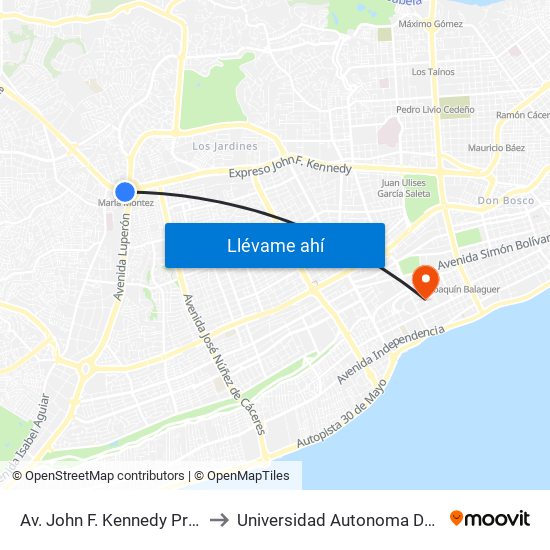 Av. John F. Kennedy Prox. Av. Luperón to Universidad Autonoma De Santo Domingo map