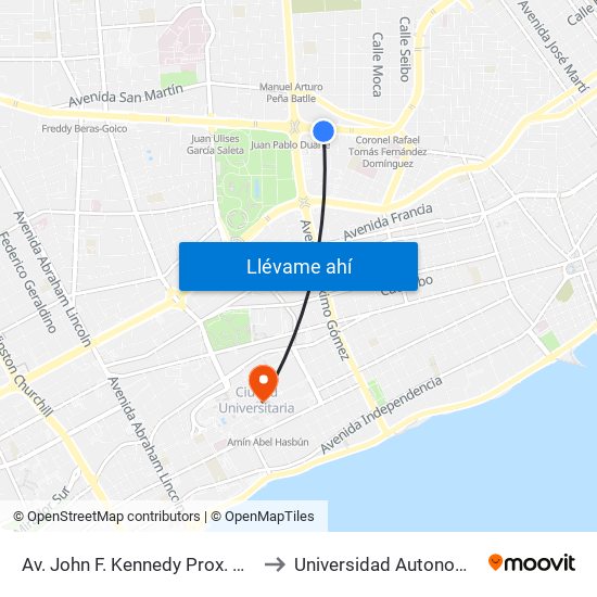 Av. John F. Kennedy Prox. C/Paseo De Los Ferreteros to Universidad Autonoma De Santo Domingo map