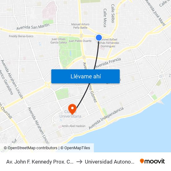 Av. John F. Kennedy Prox. C/Paseo De Los Periodistas to Universidad Autonoma De Santo Domingo map