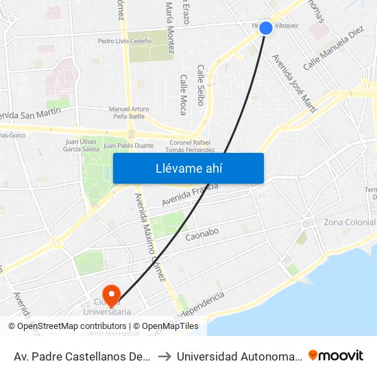 Av. Padre Castellanos Desp. C/Juana Saltitopa to Universidad Autonoma De Santo Domingo map