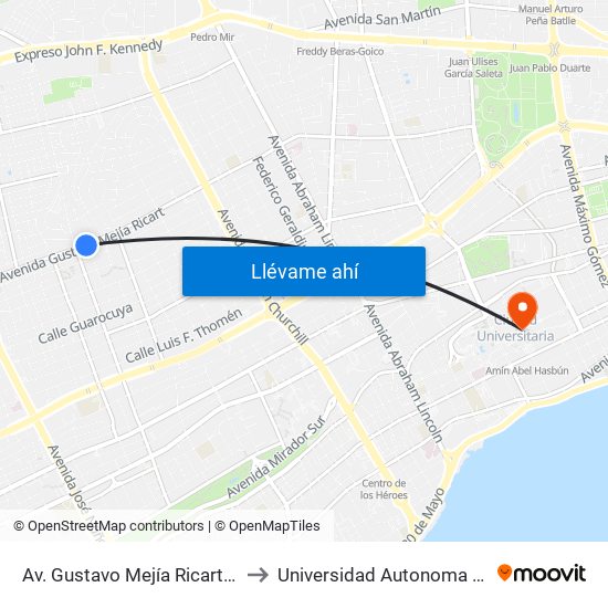 Av. Gustavo Mejía Ricart Prox. Calle Mencia to Universidad Autonoma De Santo Domingo map
