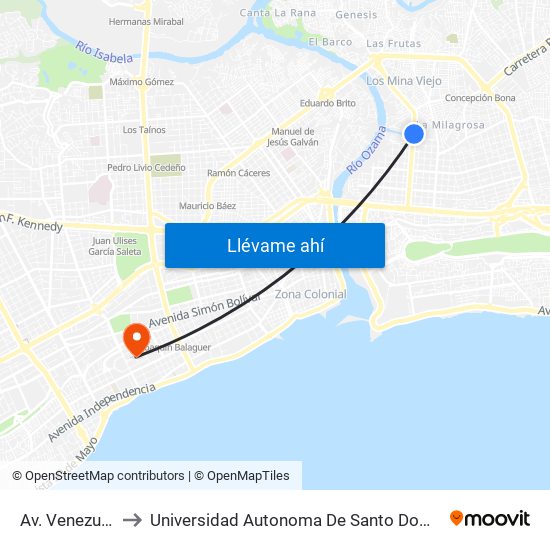 Av. Venezuela to Universidad Autonoma De Santo Domingo map