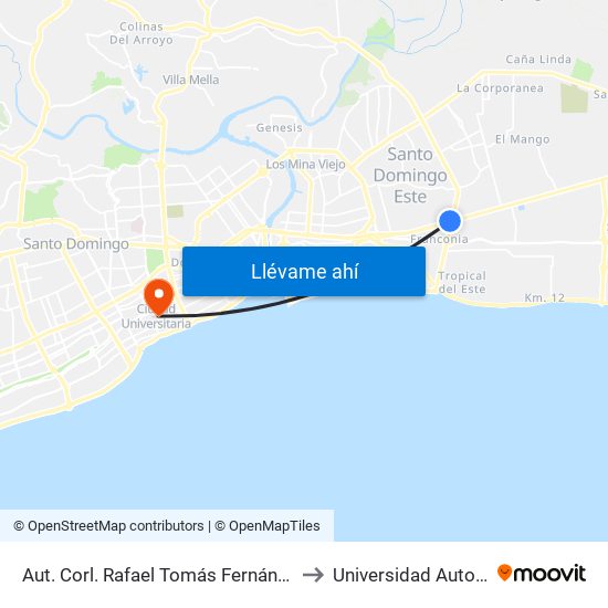 Aut. Corl. Rafael Tomás Fernández Domínguez Desp. Av. Charles De Gaulle to Universidad Autonoma De Santo Domingo map