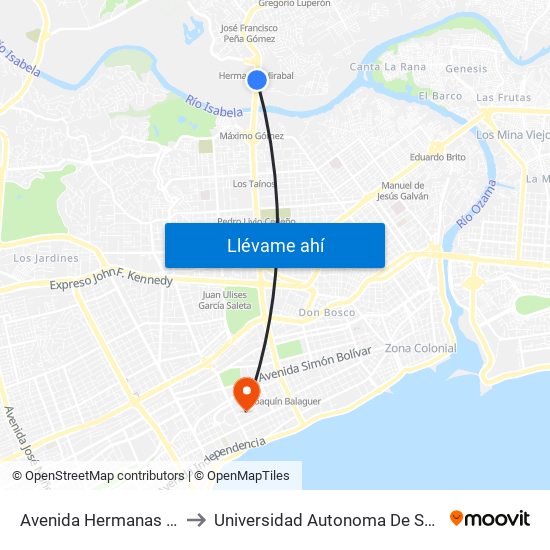 Avenida Hermanas Mirabal, 1 to Universidad Autonoma De Santo Domingo map