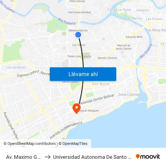 Av. Maximo Gomez to Universidad Autonoma De Santo Domingo map