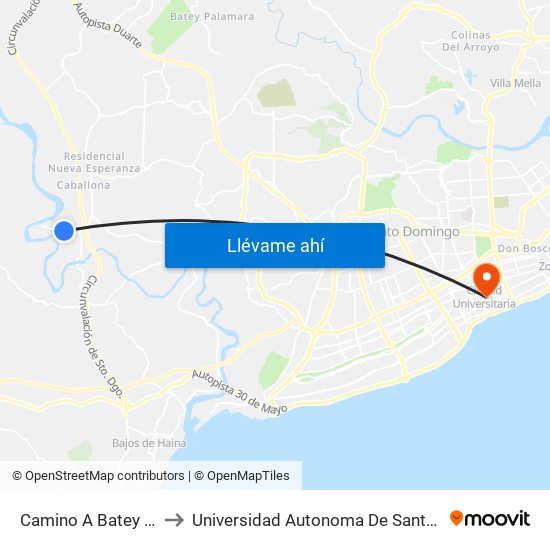 Camino A Batey Palavé to Universidad Autonoma De Santo Domingo map
