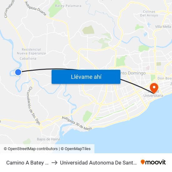 Camino A Batey Palavé to Universidad Autonoma De Santo Domingo map