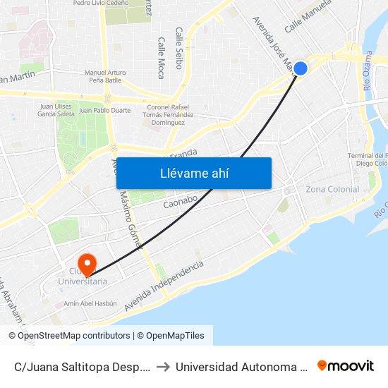C/Juana Saltitopa Desp. Av. 27 De Febrero to Universidad Autonoma De Santo Domingo map