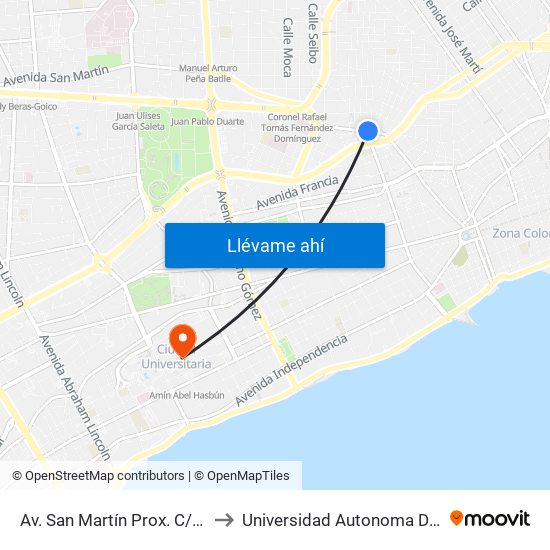 Av. San Martín Prox. C/Maria De Toledo to Universidad Autonoma De Santo Domingo map