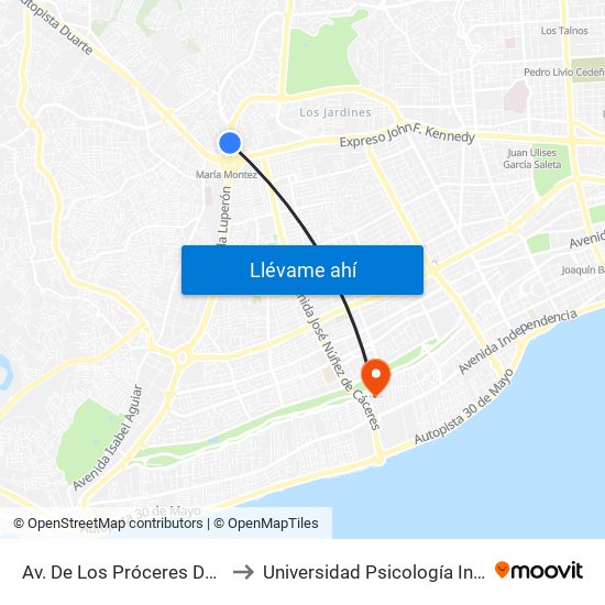Av. De Los Próceres Desp. Resp. Luperon to Universidad Psicología Industrial Dominicana map