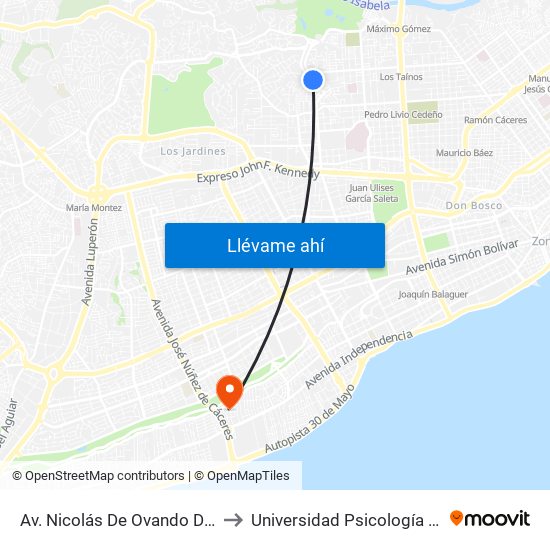 Av. Nicolás De Ovando Desp. Av. Del Zoológico to Universidad Psicología Industrial Dominicana map