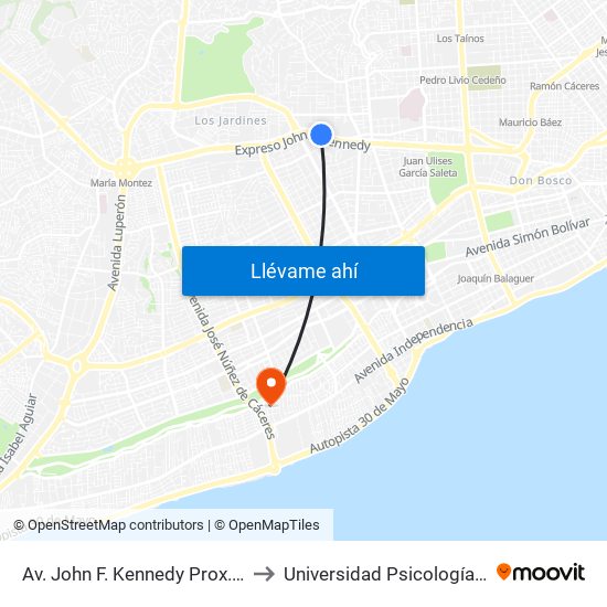 Av. John F. Kennedy Prox. C/Bienvenido G. Gautier to Universidad Psicología Industrial Dominicana map