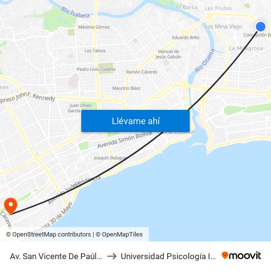 Av. San Vicente De Paúl (Megacentro Plaza) to Universidad Psicología Industrial Dominicana map