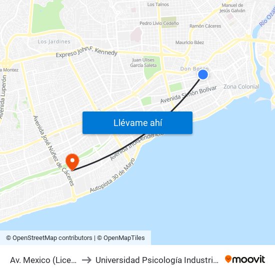 Av. Mexico (Liceo Ee Uu) to Universidad Psicología Industrial Dominicana map
