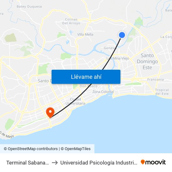 Terminal Sabana Perdida to Universidad Psicología Industrial Dominicana map