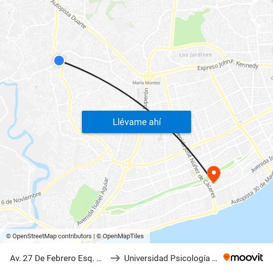 Av. 27 De Febrero Esq. Carr. De Manoguayabo to Universidad Psicología Industrial Dominicana map