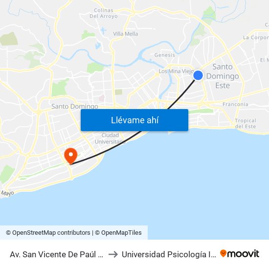 Av. San Vicente De Paúl (Supermercados Olé) to Universidad Psicología Industrial Dominicana map
