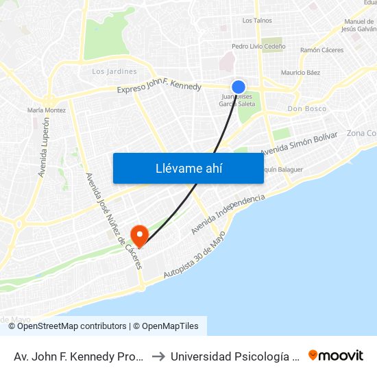 Av. John F. Kennedy Prox. Av. Ortega Y Gasset to Universidad Psicología Industrial Dominicana map