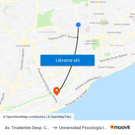 Av. Tiradentes Desp. C/Paseo Las Palmas to Universidad Psicología Industrial Dominicana map