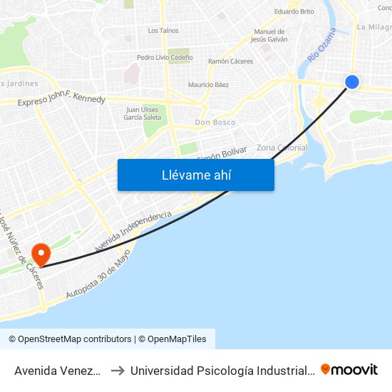 Avenida Venezuela, 16 to Universidad Psicología Industrial Dominicana map