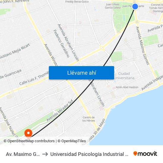 Av. Maximo Gomez to Universidad Psicología Industrial Dominicana map