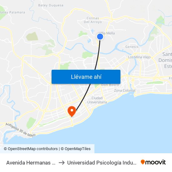 Avenida Hermanas Mirabal, 189 to Universidad Psicología Industrial Dominicana map