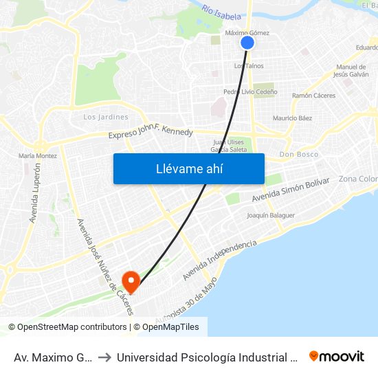 Av. Maximo Gomez to Universidad Psicología Industrial Dominicana map