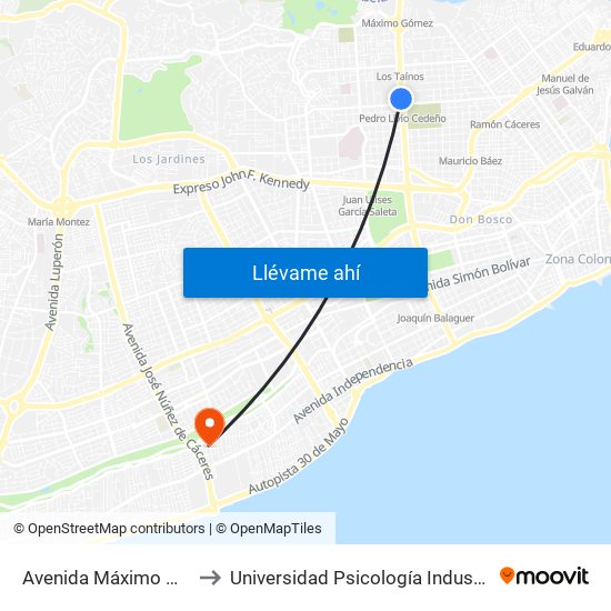 Avenida Máximo Gómez, 109 to Universidad Psicología Industrial Dominicana map